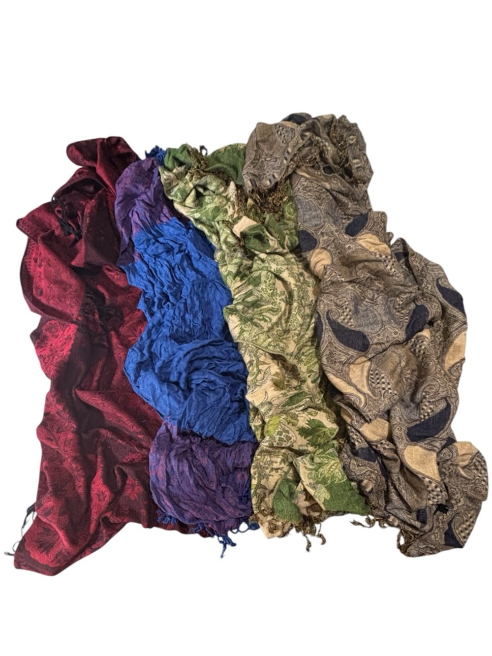 Set of Four Assorted Patterned Scarves - Red, Blue, Green, Taupe